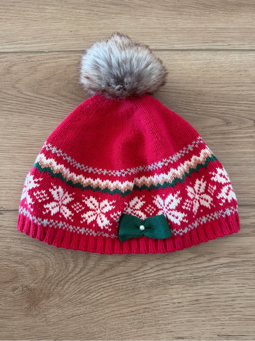 Red Toddler Girls Knit Pom Beanie with Snowflake Pattern